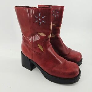 Vintage Y2K Diba Red Boots Women's 7 M Chunky Floral Patched
